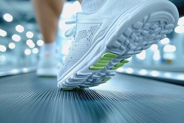 A person engaged in running on a treadmill with a focus on the treadmill belt underfoot during a dynamic workout