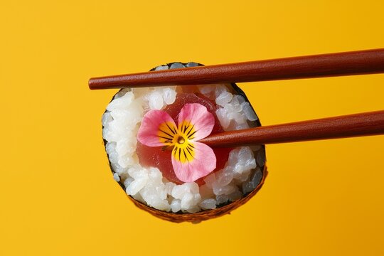 Modern Japanese cuisine features Asian food such as sushi with tuna akami from Japan, accompanied by pickled rice, wasabi, and nikiri sauce