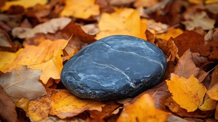 Smooth dark grey stone resting on a bed of autumn leaves.