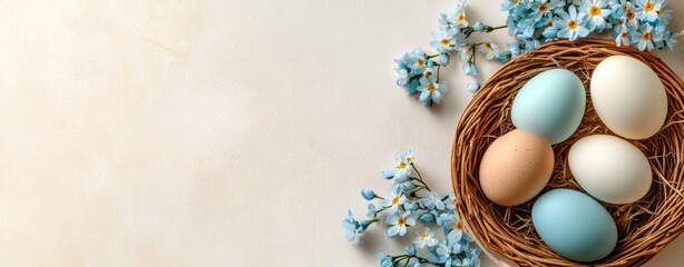 In this serene Easter scene, a charming nest holds exquisitely decorated eggs surrounded by vibrant blue flowers, creating an enchanting atmosphere for all to enjoy during this festive time