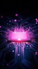 A futuristic circuit board with a central glowing pink component, showcasing intricate connections and a dark background.