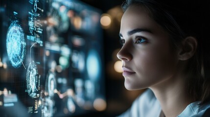 Focused young caucasian female analyzing data on digital screen in high-tech environment