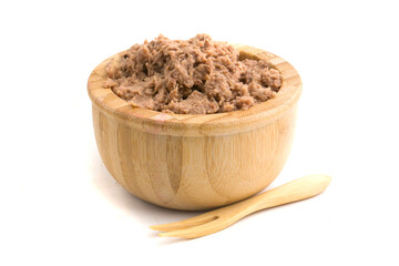bowl with tuna pieces on white background