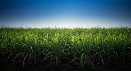 Obraz premium Lush green sugarcane field under a vibrant blue sky Peaceful landscape photography. AI Generated