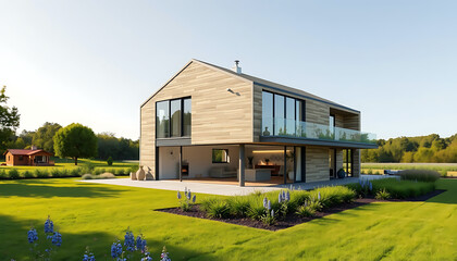 Modern Wooden House with Glass Balcony