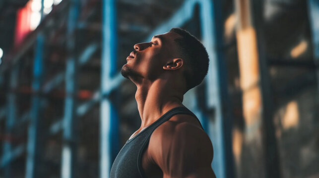 A male athlete stands poised, taking a deep breath while preparing to throw a discus at an outdoor athletic facility.