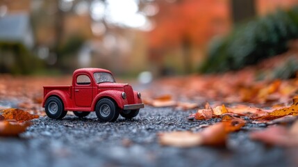 Red toy pickup truck on autumn leaves-covered road.
