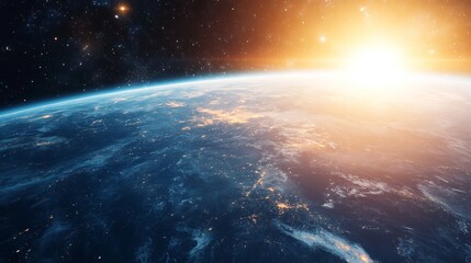 Fototapeta premium Breathtaking view of earth from space at sunrise with stars and glowing atmosphere