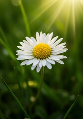 Obraz premium Single daisy bathed in warm sunlight green meadow background. AI Generated