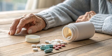 Fototapeta premium Close-Up of Hand with Medical Pills and Bottle on Wooden Table V4
