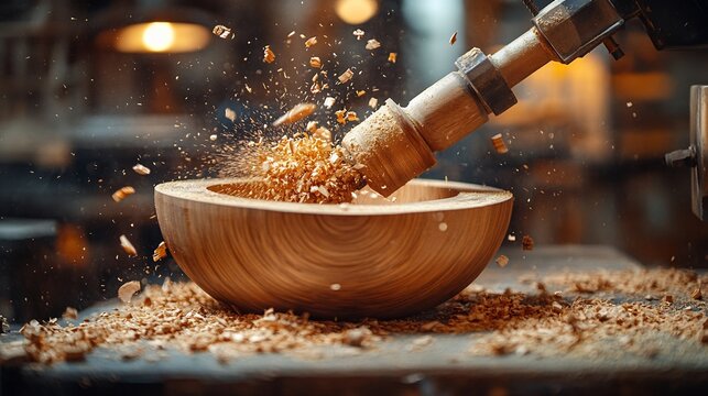 Creative woodturning workshop featuring spinning lathe machines finely detailed wooden bowls smooth sawdust trails polished timber pieces and glowing worklights