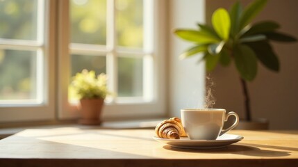 Morning sunlight illuminates a peaceful breakfast scene featuring a steaming cup of coffee and a freshly baked croissant, creating a tranquil and inviting atmosphere.