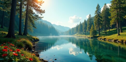 Obraz premium Serene mountain lake reflecting the tranquil forest and sky, bathed in the warm glow of sunrise, adorned with vibrant wildflowers along the shore