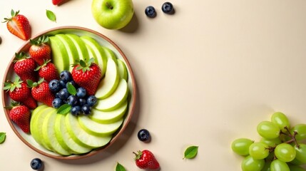 A Vibrant Arrangement of Fresh Apple Slices, Juicy Strawberries, and Sweet Blueberries, artfully displayed with Green Grapes, creating a visually appealing and healthy fruit platter.