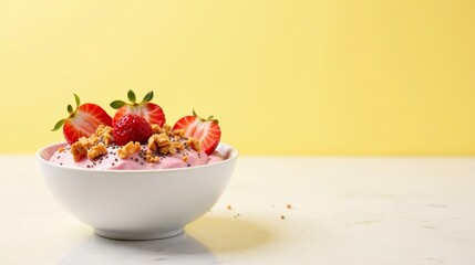 A delightful bowl of creamy pink dessert, topped with fresh strawberry slices and crunchy granola bits, presented against a bright yellow backdrop.