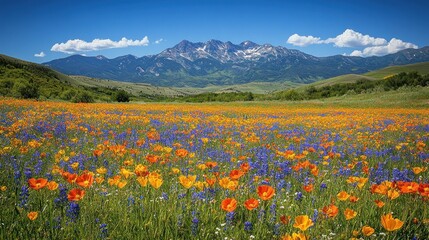 Fototapeta premium Vibrant wildflowers bloom in a vast field against a majestic mountain backdrop under a clear blue sky.