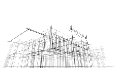 Modern flat roof house or commercial building in  drawing style. Minimalist linear sketch 3d rendering