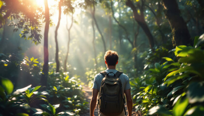 A Man Walking Through a Lush Tropical Forest at Sunrise