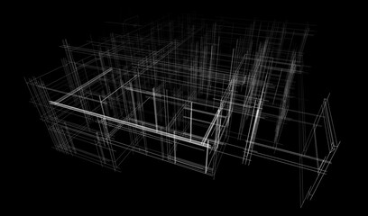 Modern flat roof house or commercial building in  drawing style. Minimalist linear sketch 3d rendering