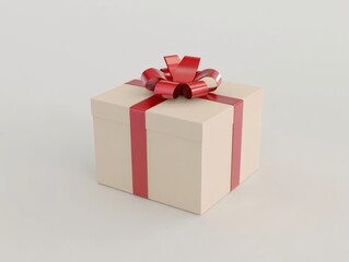 Obraz premium Square Beige Gift Box with Red Ribbon and Bow for Special Occasion on a White Background