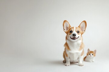 A cute dog and kitten pose together in the studio
