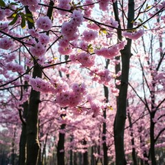Fototapeta premium Cherry-like blossoms in the forest with sunlight filtering through, cherry, Asia