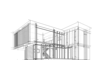 Modern flat roof house or commercial building in  drawing style. Minimalist linear sketch 3d rendering
