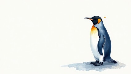 Fototapeta premium A Majestic King Penguin Standing on a Snowy Surface, a Stunning Watercolor Illustration Featuring Delicate Details and Vibrant Colors, Perfect for Nature-Themed Projects