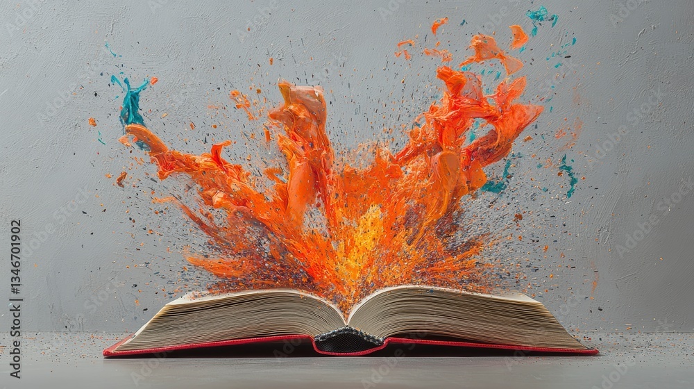 Poster open book with vibrant paint explosion. creative abstract image. possible use for education, learnin