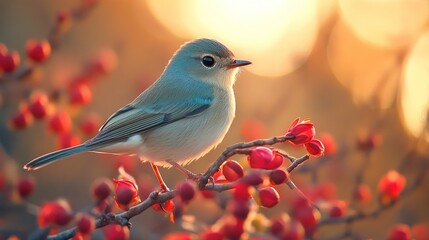 Obraz premium Small blue bird perched on a branch with red berries at sunset.