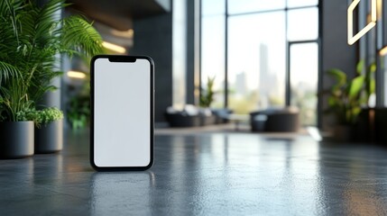 Smartphone with a blank screen stands in a modern interior