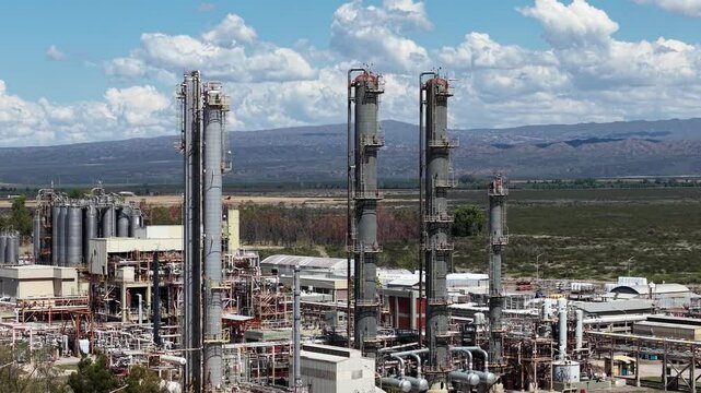 Aerial view of the towers of a petrochemical plant in an industrial park in Mendoza.