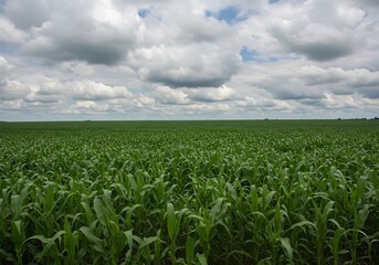 Fototapeta premium Vast green cornfield under a dramatic cloudy sky. AI Generated
