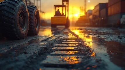 Sunset at the Port Heavy Machinery and Wet Ground