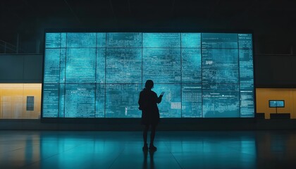 Fototapeta premium Martech Data Visualization on Interactive Screen, Digital Analyst Using Smartphone
