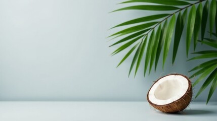 Serene tropical scene featuring a halved coconut shell resting on a pale surface with lush palm fronds in the background, evoking feelings of tranquility and summer.
