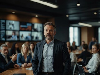 Fototapeta premium A businessman poses in front of his team in a conference room