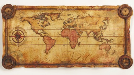 Antique world map with compass, parchment texture, aged look.