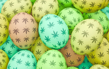 Festive and fun: Pastel Easter eggs decorated with cannabis leaves. A unique holiday concept.