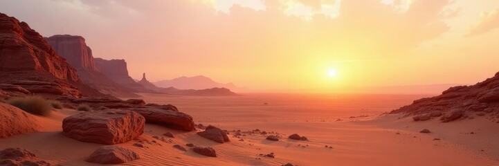 Desert landscape at sunrise on white background, rock, sandy ground