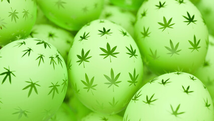 Unique Easter image: Pastel eggs with a subtle cannabis leaf design. Modern and fun.