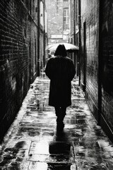 Solitary figure walks rainy narrow city alley.
