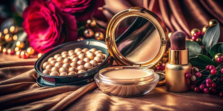 Vintage Glamour Beauty Product Still Life: Elegant Cream Jar & Powder Compact