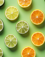 Perfectly arranged citrus slices of lemon, lime, and orange on a vibrant green background, fresh tropical summer fruits