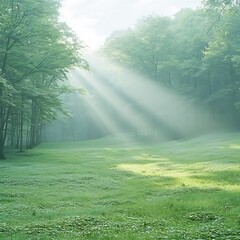 Fototapeta premium Sunbeams pierce misty morning forest glade.