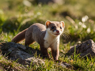 Curious Weasel in Sunshine: An adorable weasel stands in a vibrant green grassy area, its curious gaze fixed straight, bathed in warm sunlight, radiating energy.