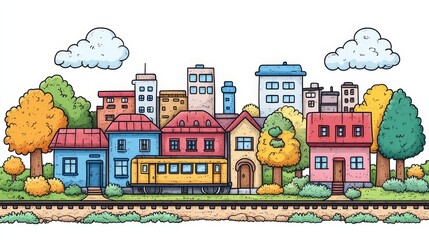 Colorful cartoon cityscape with train and trees in autumn