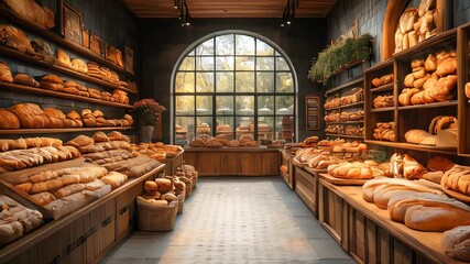 A rustic bakery with warm lighting, fresh bread on wooden tables, and a steaming oven in the background - Powered by Adobe