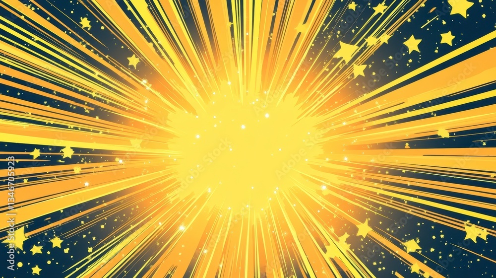 Poster bright yellow explosion with radiating lines and stars on dark background.