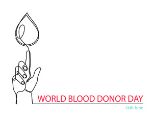 World Blood Donor Day one line art, giant droplet continuous contour drawing safe life, voluntary donation transfusion symbol human kindness, dedicated to medical charity 14 June. Editable stroke